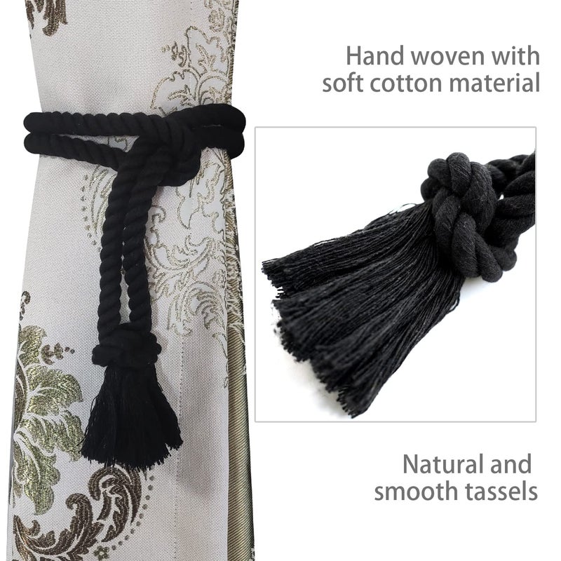 Yteseery 8 Pack Curtain tiebacks Rope, Outdoor Curtain Tiebacks, Natural Cotton Curtain Ties, Village Rural Rustic Farmhouse Curtain Holdbacks Curtain tie Backs Holders for Heavy Duty Drapes, Black - Image 2